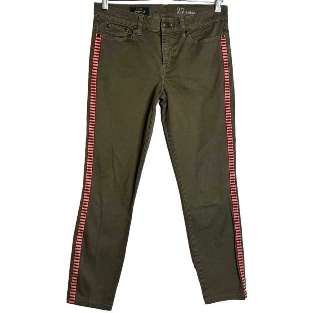 J. Crew Ankle Jeans Olive Cropped Vertical Contrasting Red and White Stripes 27
